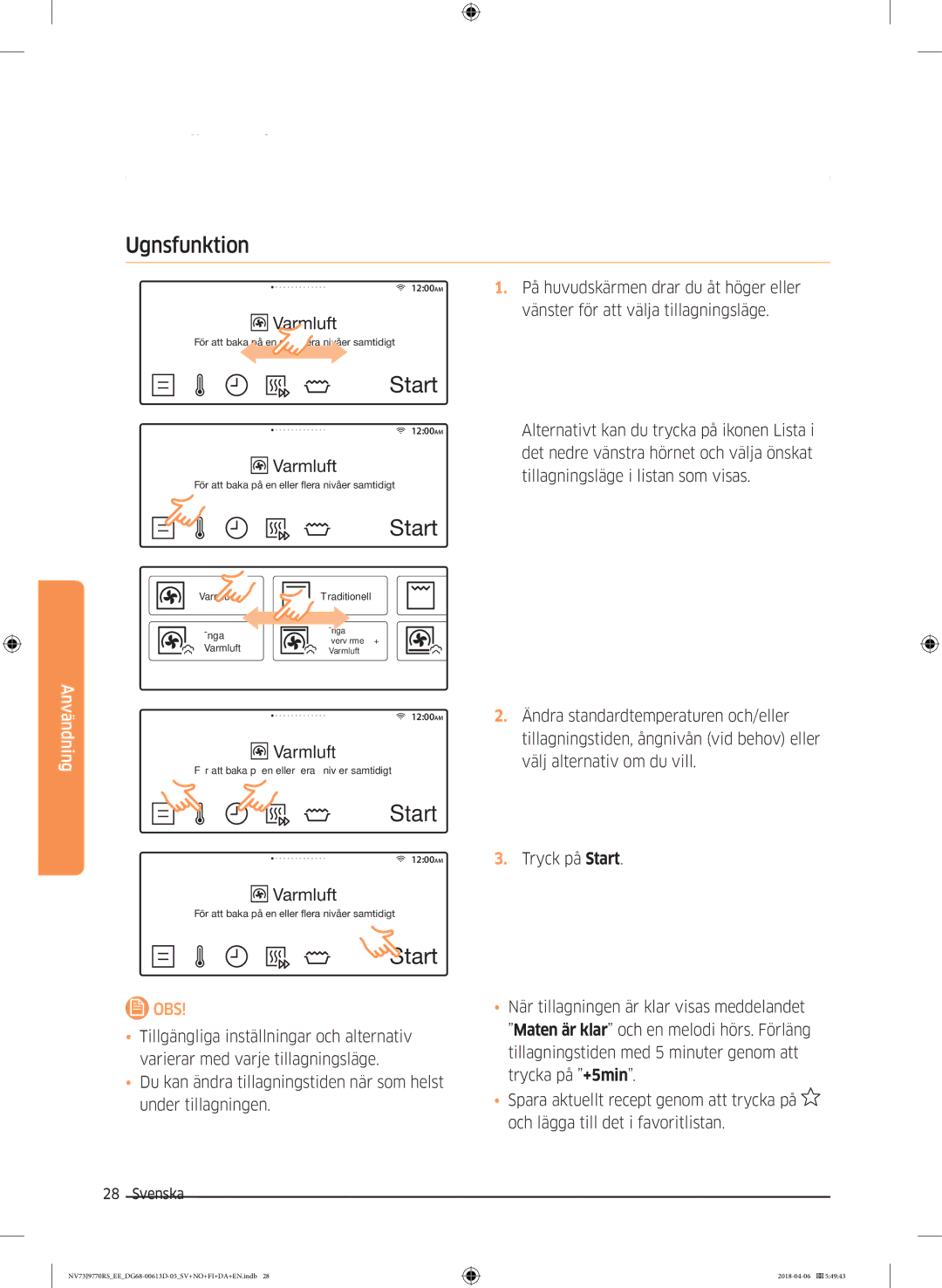 Samsung NV73J9770RS/EE manual Ugnsfunktion, På huvudskärmen drar du åt höger eller, Vänster för att välja tillagningsläge 