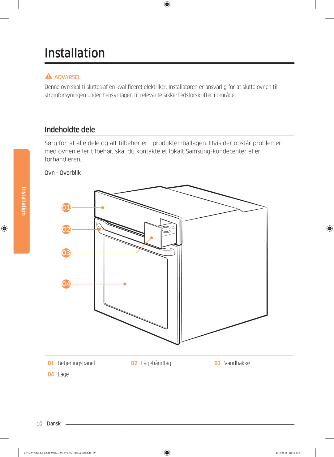 Samsung NV73J9770RS/EE manual Indeholdte dele, Betjeningspanel 02 Lågehåndtag Vandbakke 