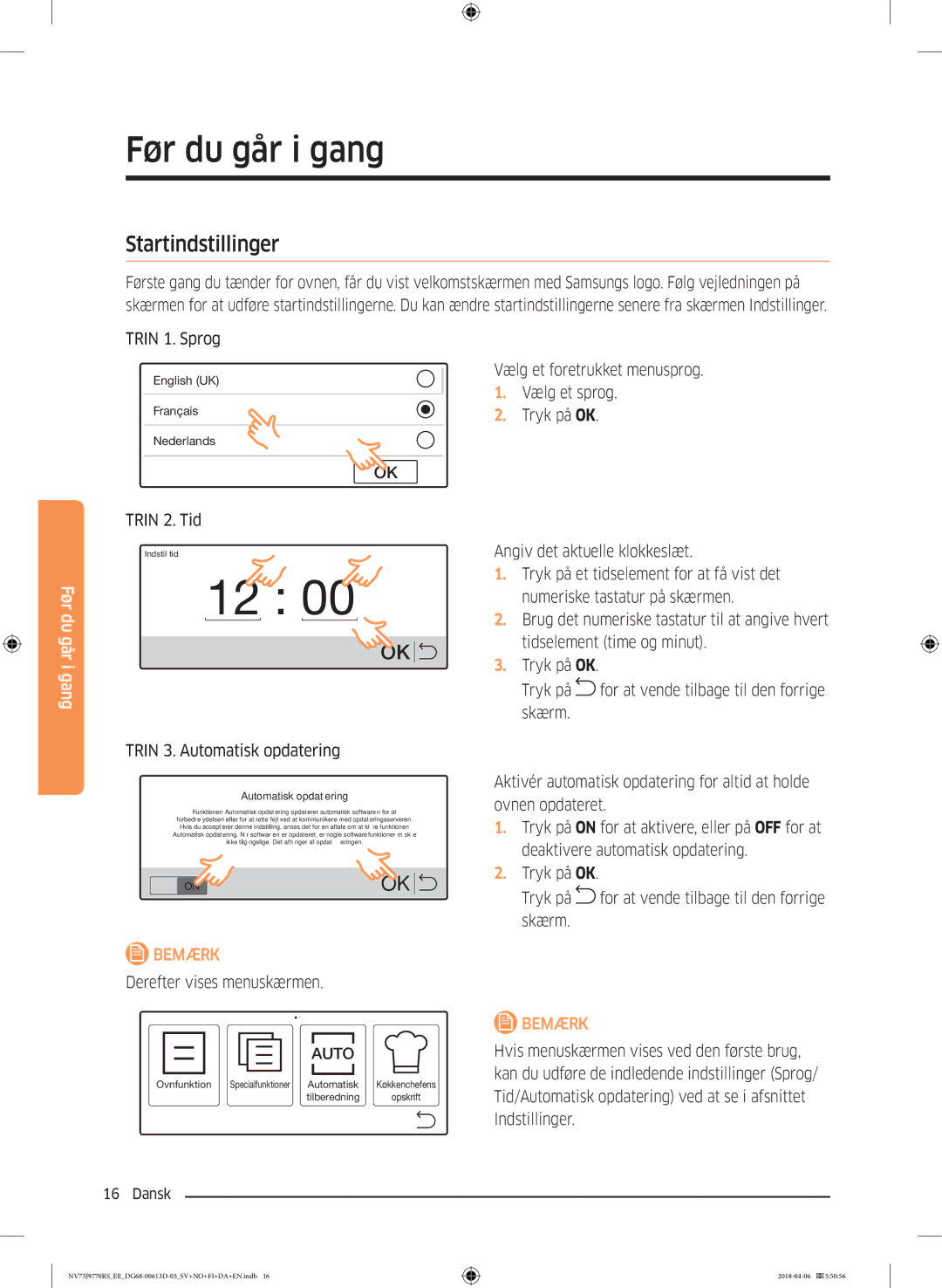 Samsung NV73J9770RS/EE manual Før du går i gang, Startindstillinger 