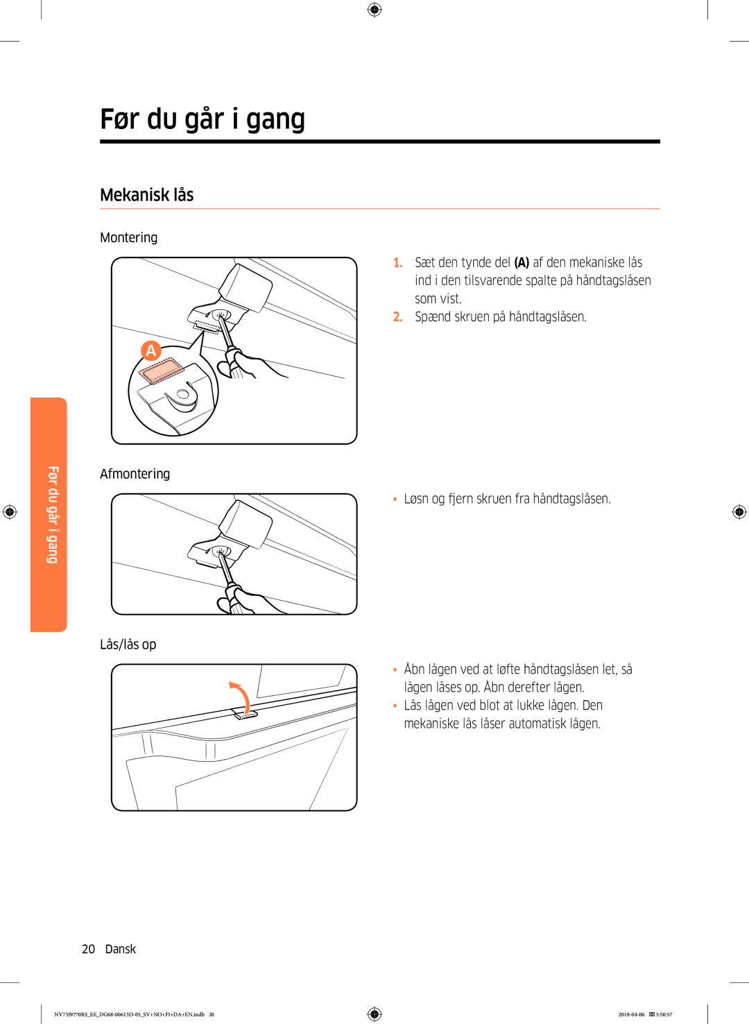 Samsung NV73J9770RS/EE manual Afmontering, Lås/lås op 