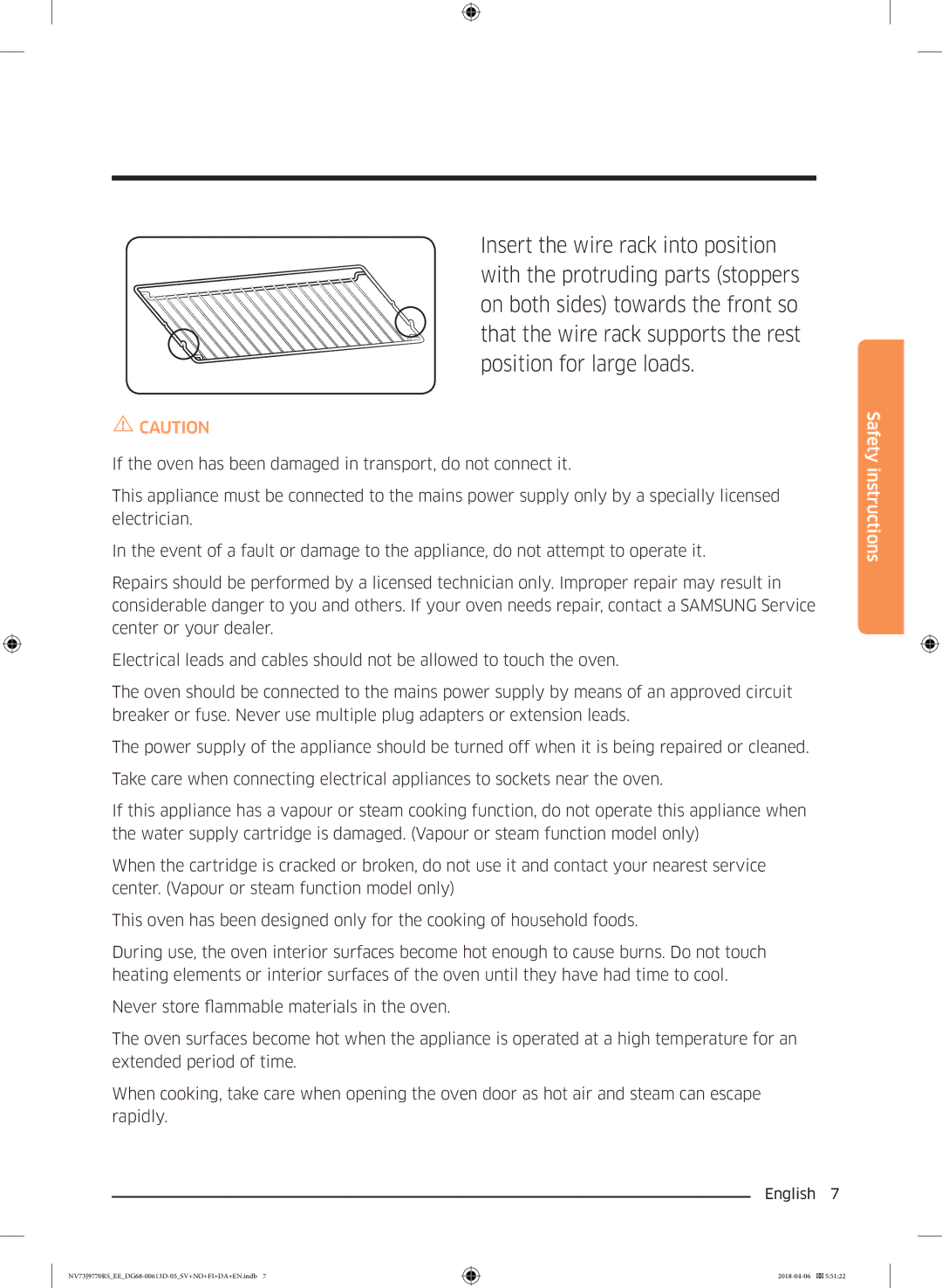 Samsung NV73J9770RS/EE manual Safety instructions 