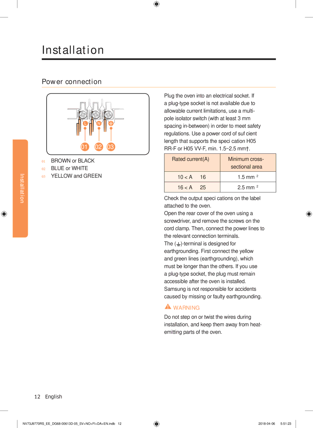 Samsung NV73J9770RS/EE manual Power connection 