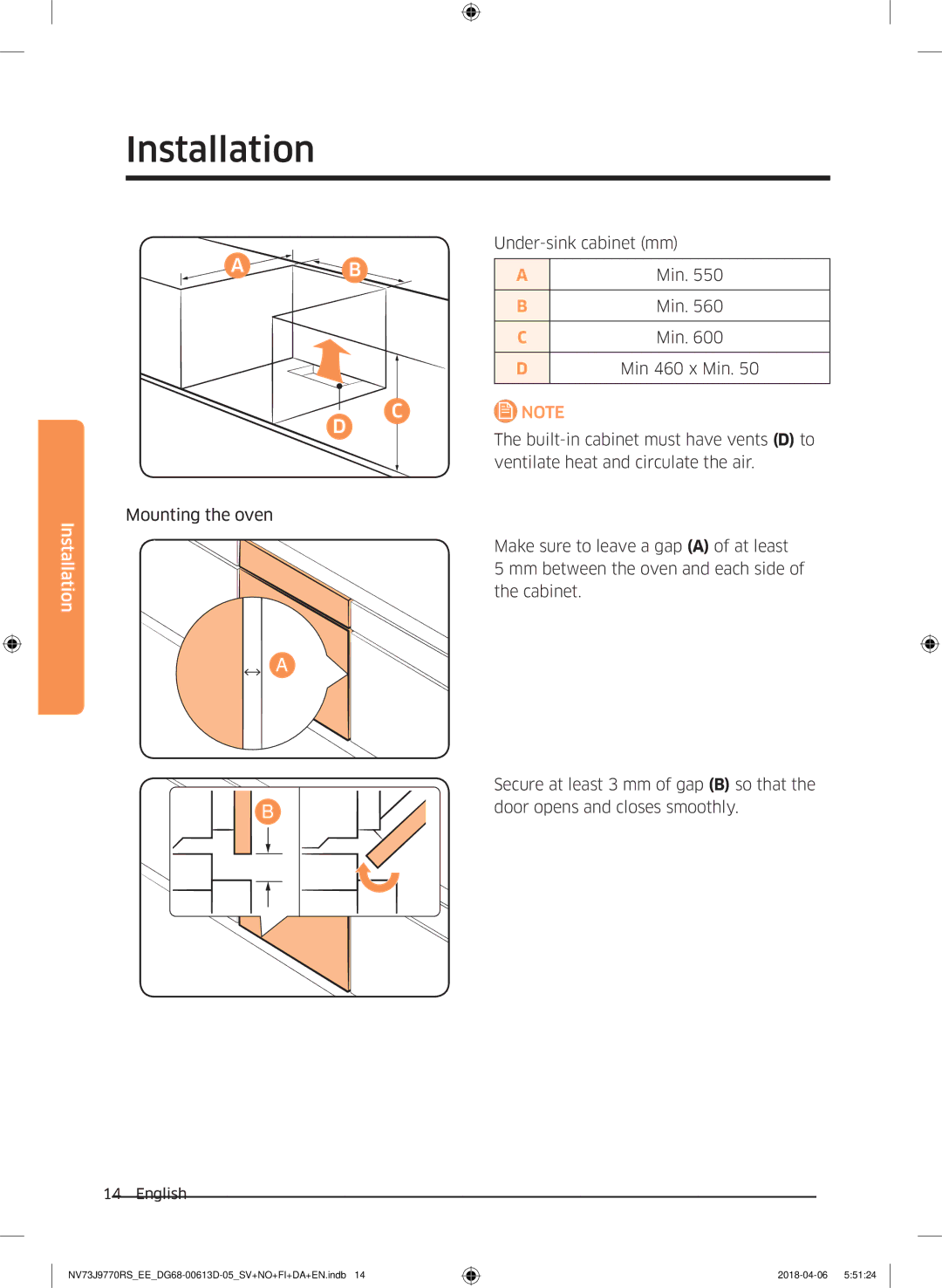 Samsung NV73J9770RS/EE manual Mounting the oven Under-sink cabinet mm 