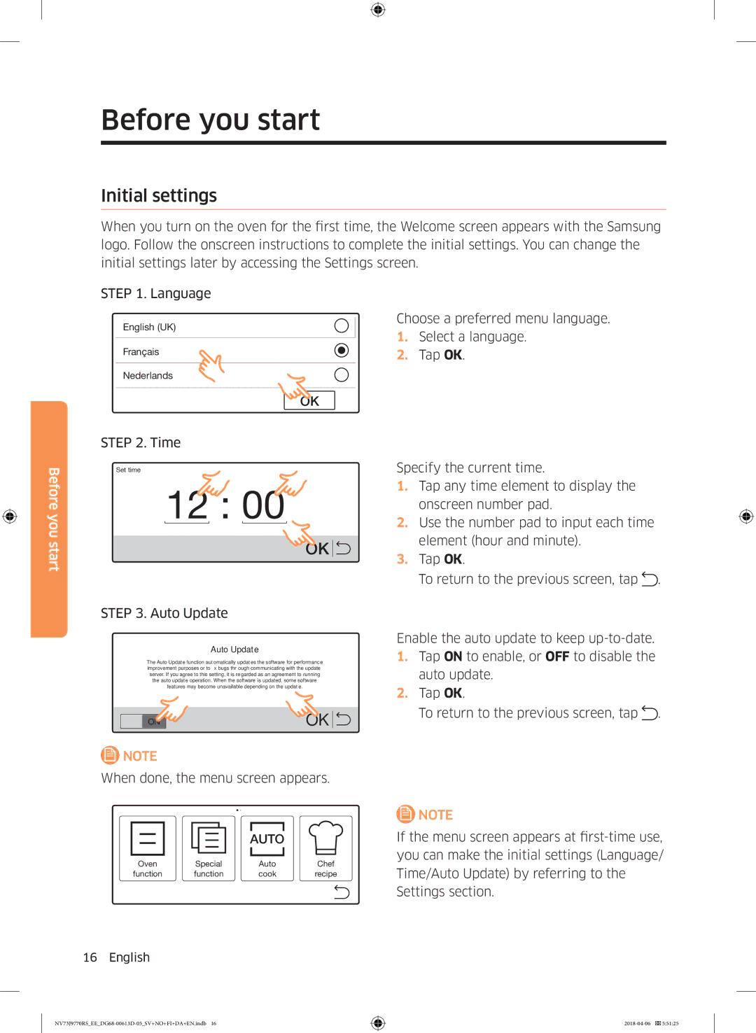 Samsung NV73J9770RS/EE manual Before you start, Initial settings 