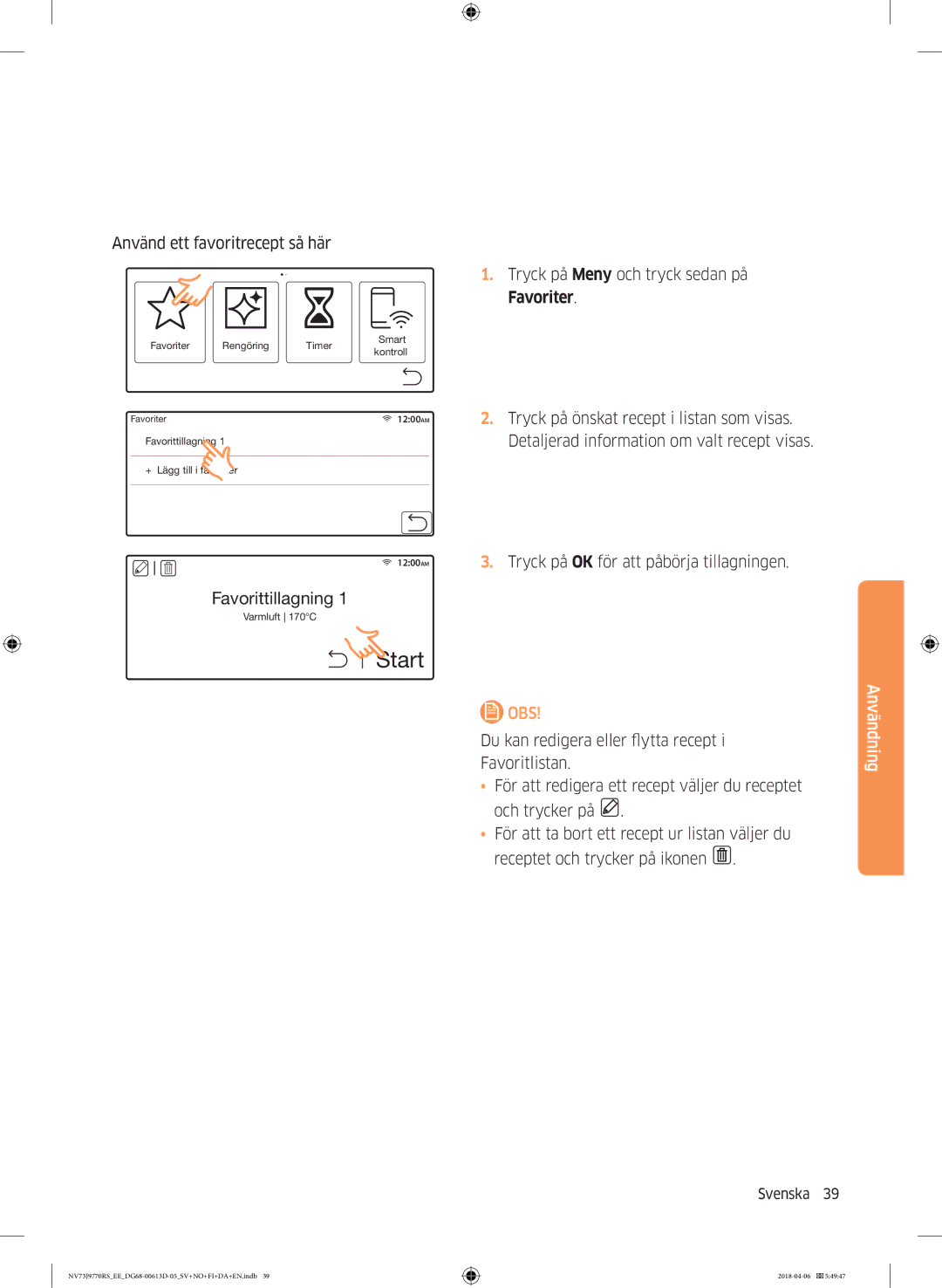 Samsung NV73J9770RS/EE manual Använd ett favoritrecept så här 