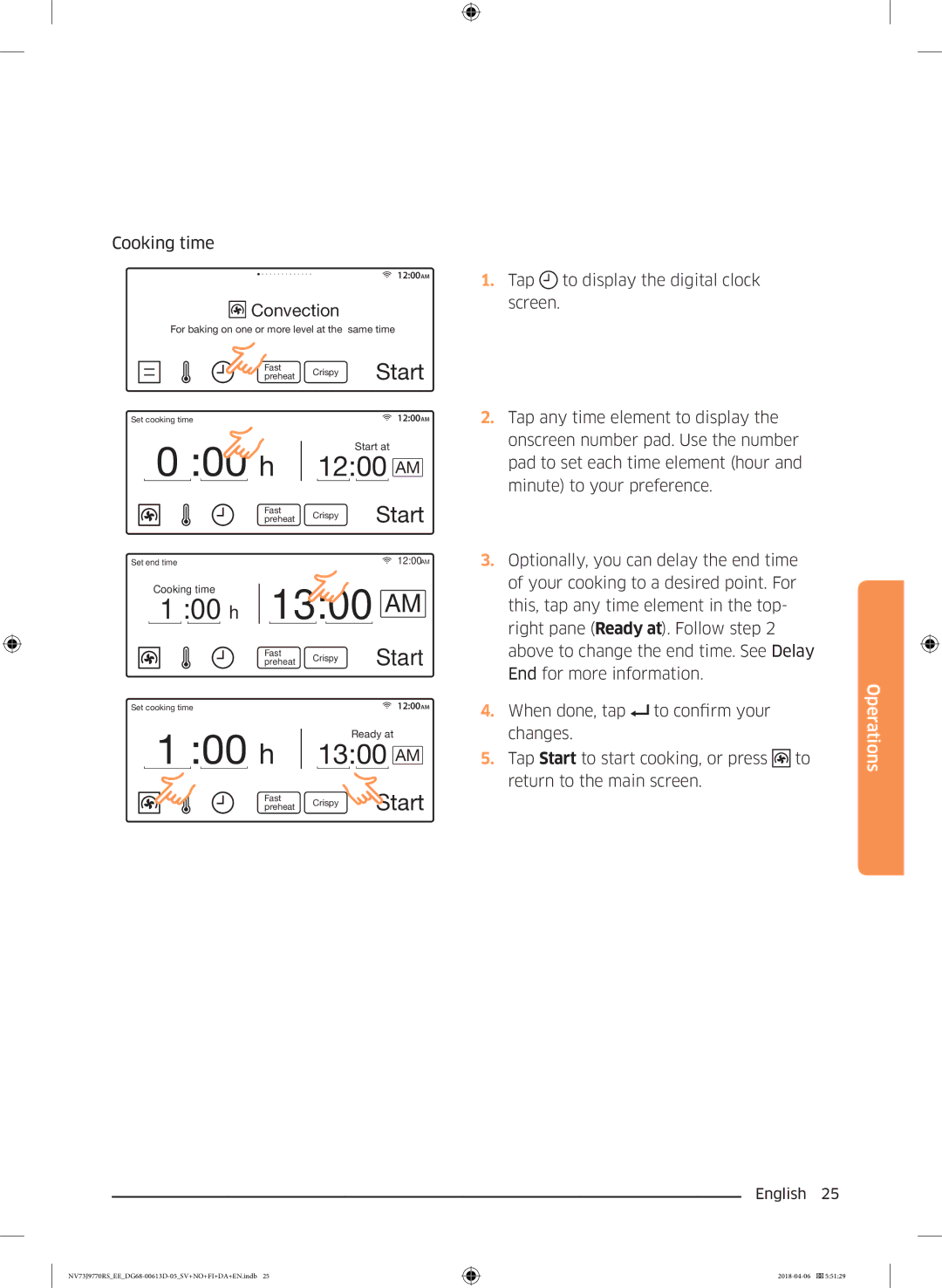 Samsung NV73J9770RS/EE manual Cooking time, To display the digital clock, Optionally, you can delay the end time 