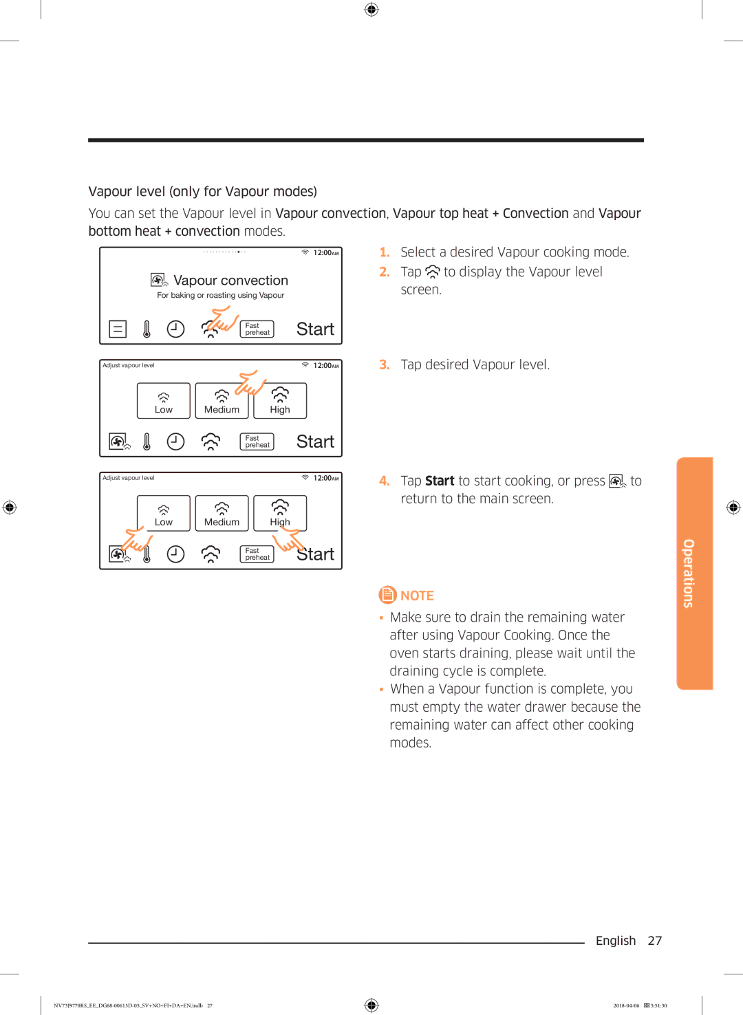 Samsung NV73J9770RS/EE manual Select a desired Vapour cooking mode, To display the Vapour level 