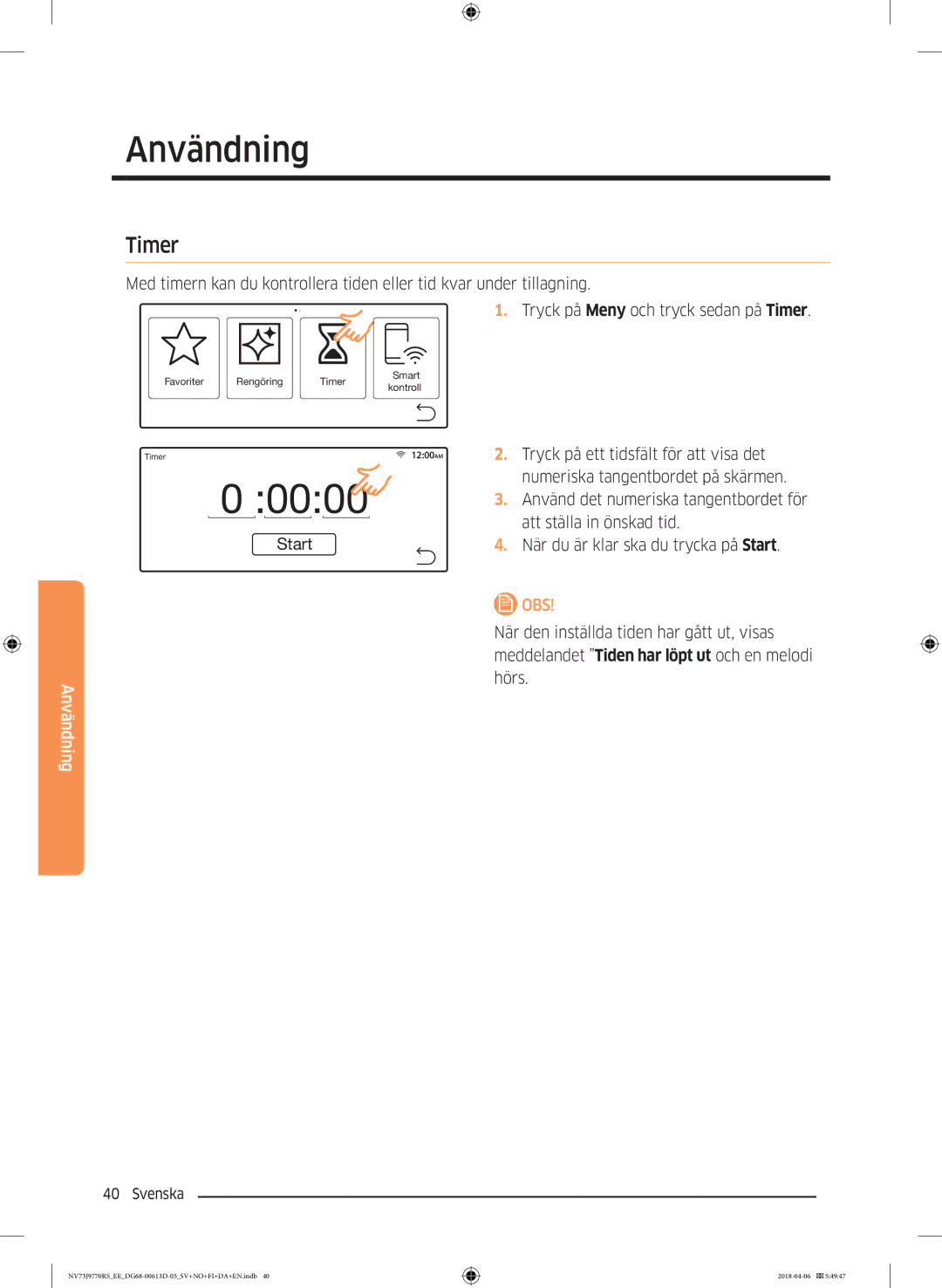 Samsung NV73J9770RS/EE manual 0000, Timer 