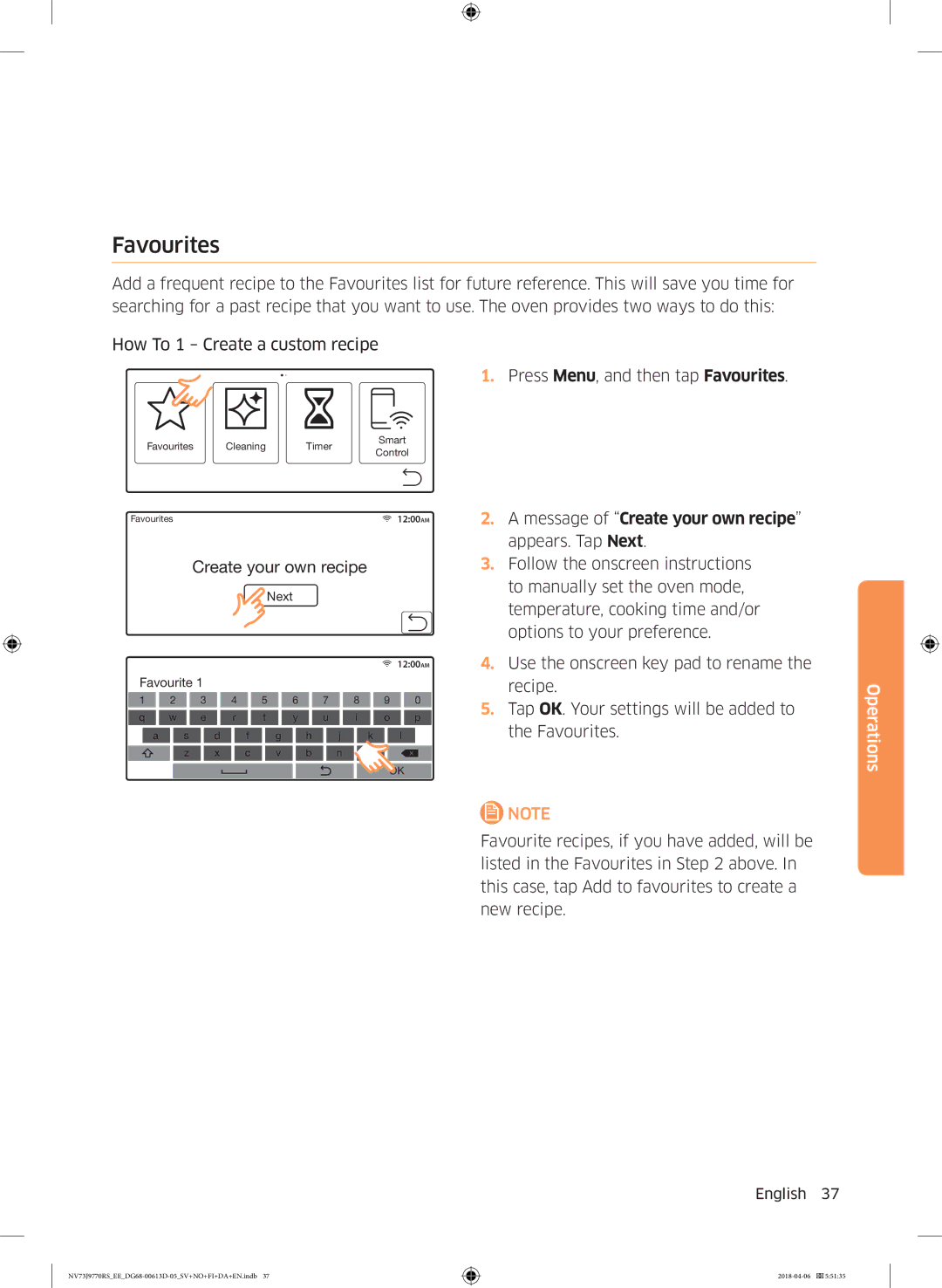 Samsung NV73J9770RS/EE manual Favourites, Message of Create your own recipe appears. Tap Next 