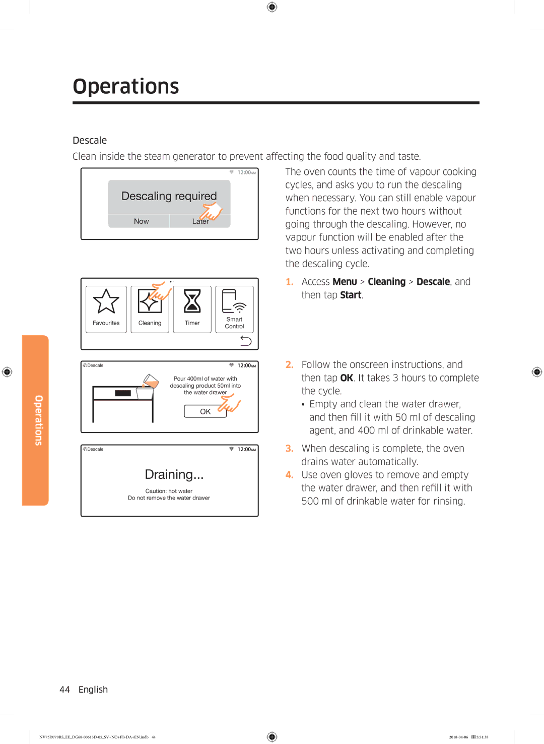 Samsung NV73J9770RS/EE manual Descaling required, Access Menu Cleaning Descale, and then tap Start 