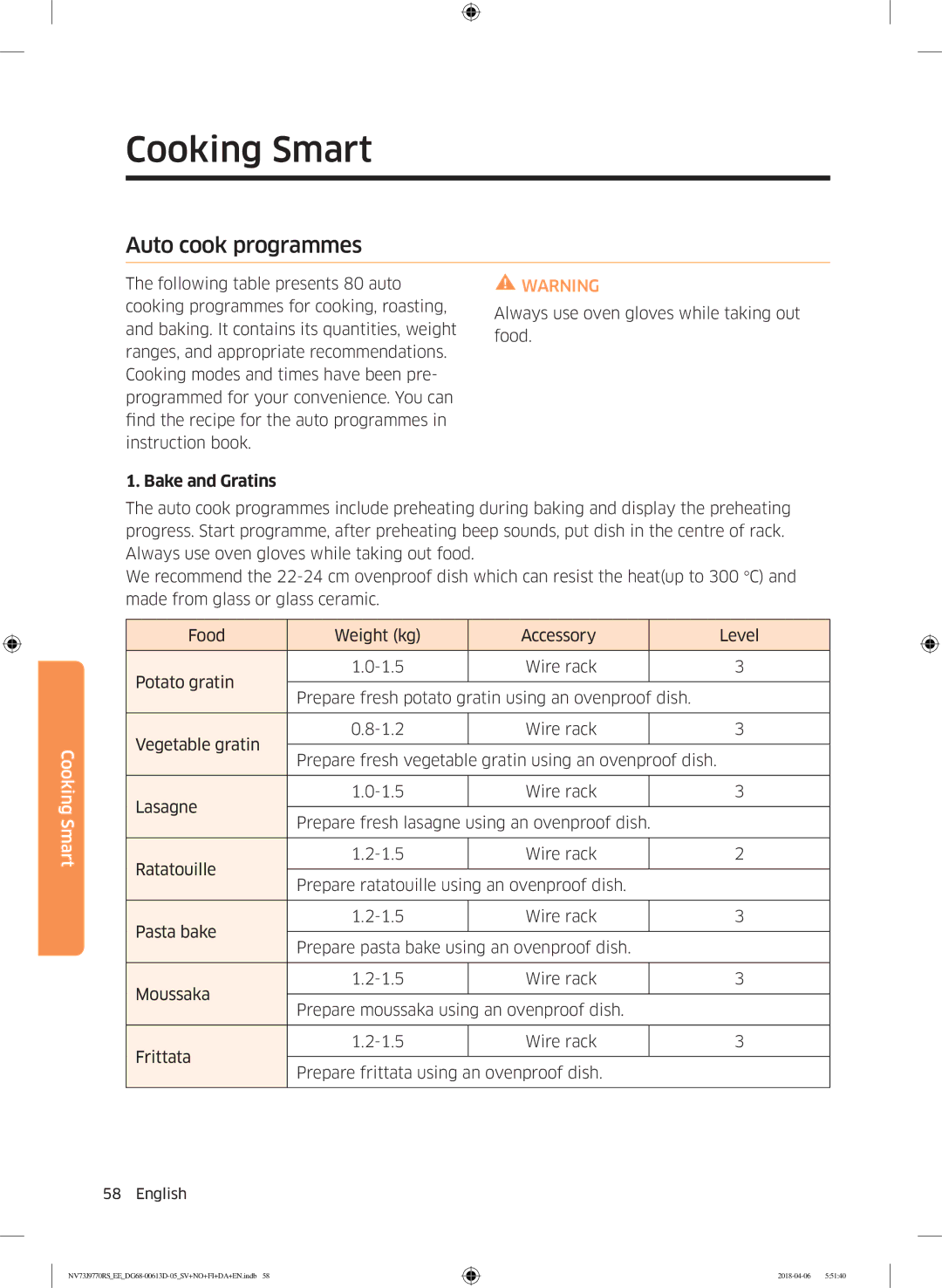 Samsung NV73J9770RS/EE manual Auto cook programmes, Bake and Gratins 