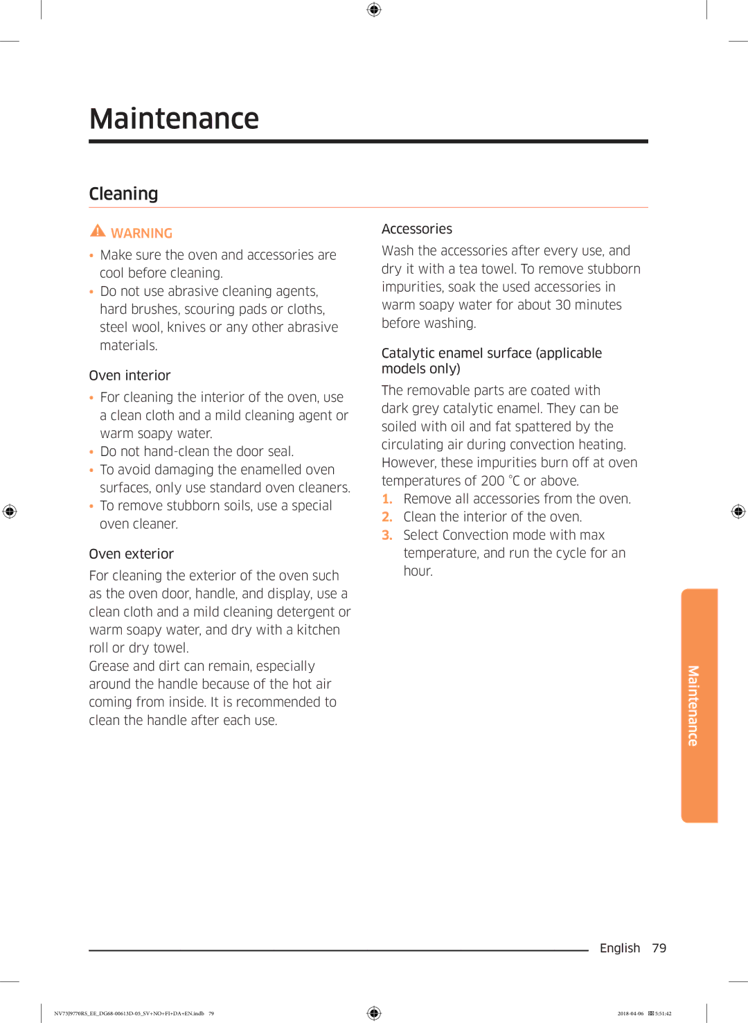 Samsung NV73J9770RS/EE manual Maintenance, Cleaning 