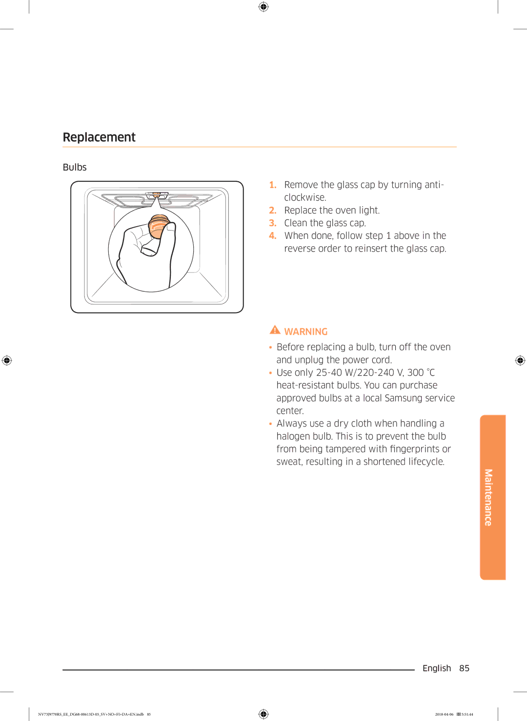 Samsung NV73J9770RS/EE manual Replacement 