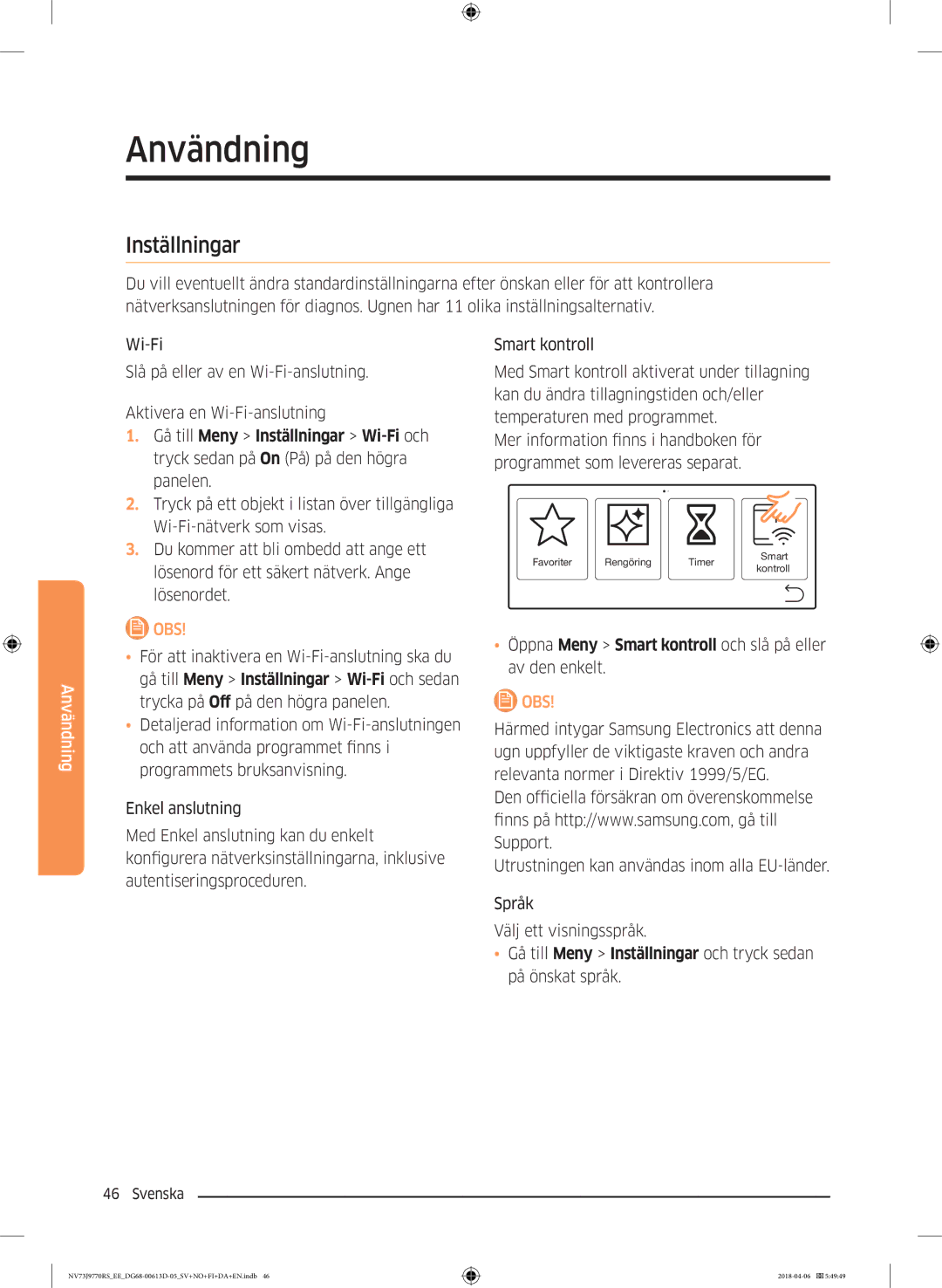 Samsung NV73J9770RS/EE manual Inställningar, Öppna Meny Smart kontroll och slå på eller av den enkelt 