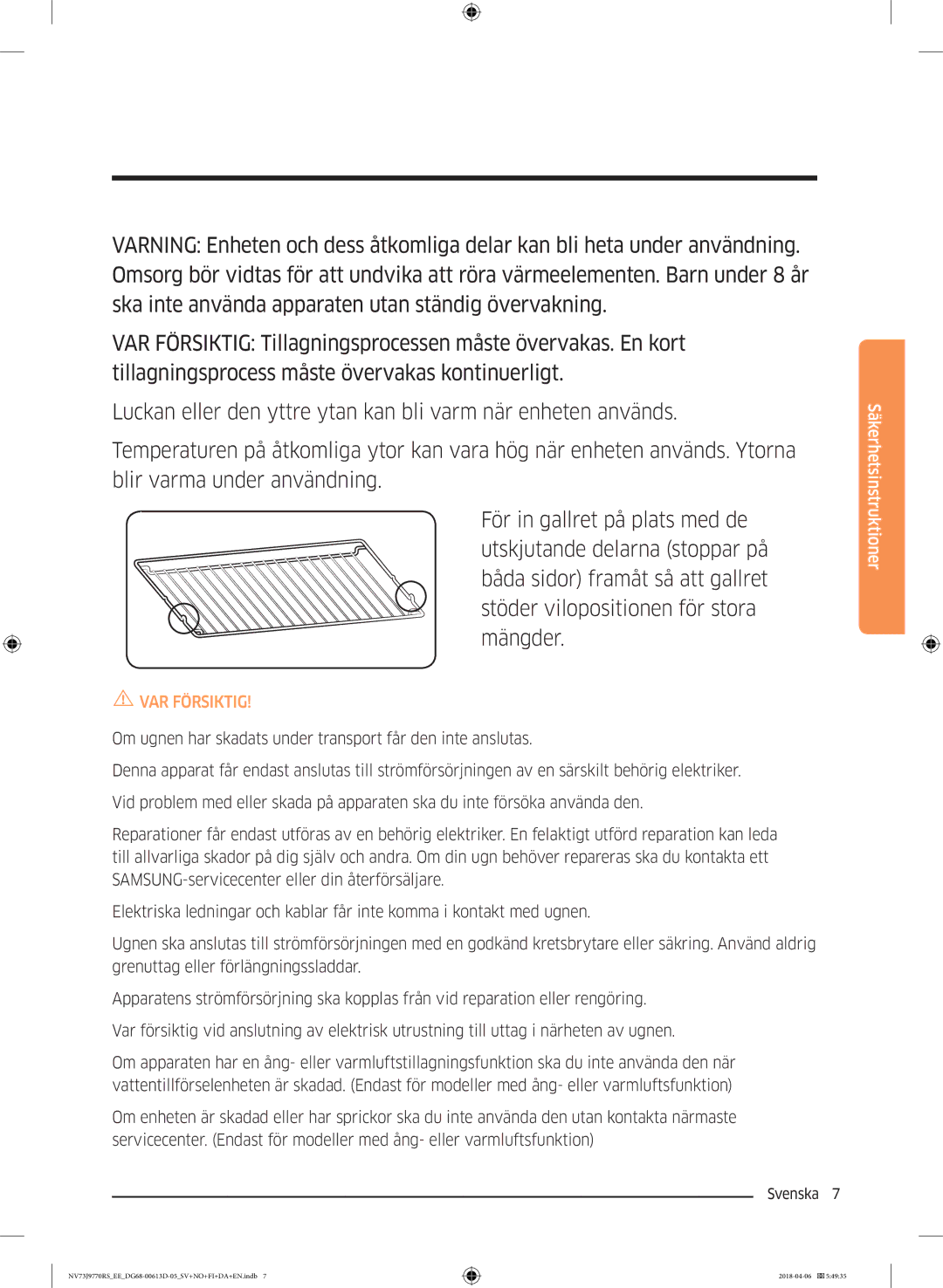 Samsung NV73J9770RS/EE manual VAR Försiktig 