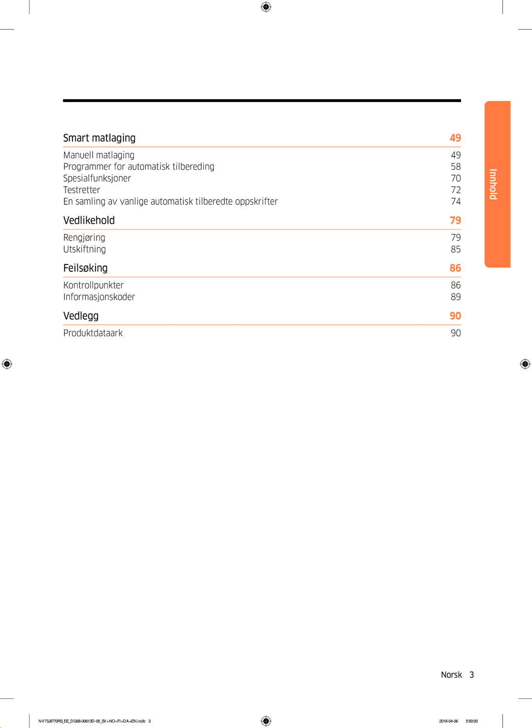 Samsung NV73J9770RS/EE manual Rengjøring Utskiftning, Kontrollpunkter Informasjonskoder, Produktdataark 