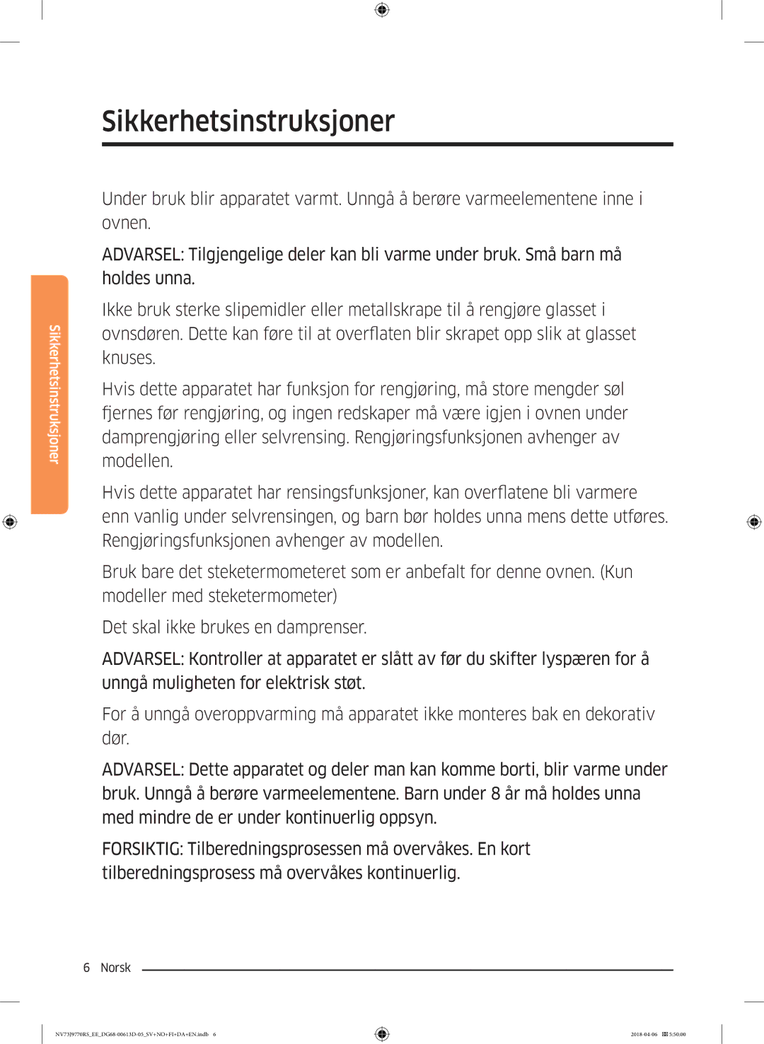 Samsung NV73J9770RS/EE manual Sikkerhetsinstruksjoner 