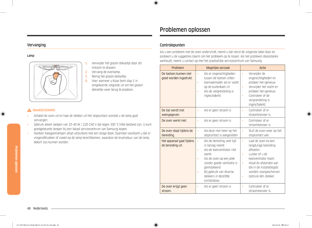 Samsung NV73J9770RS/EF manual Problemen oplossen, Vervanging, Controlepunten 