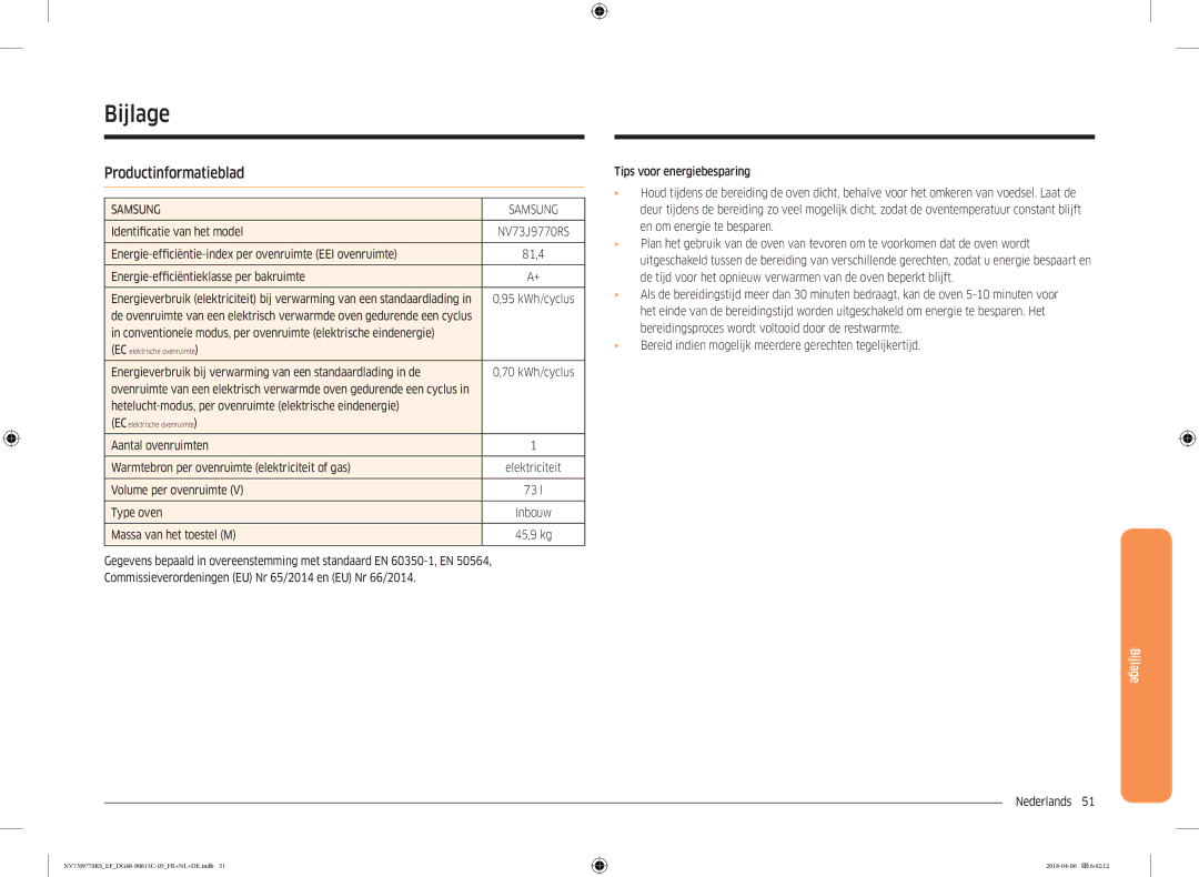 Samsung NV73J9770RS/EF manual Bijlage, Productinformatieblad 