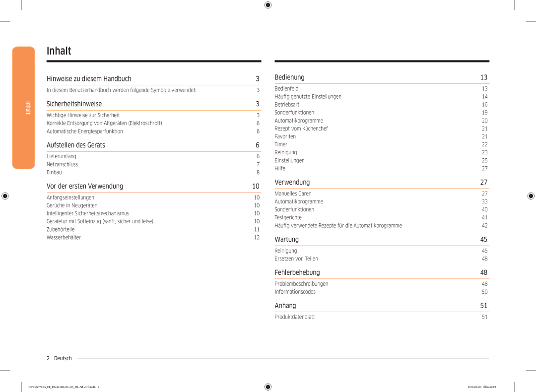 Samsung NV73J9770RS/EF manual Inhalt 