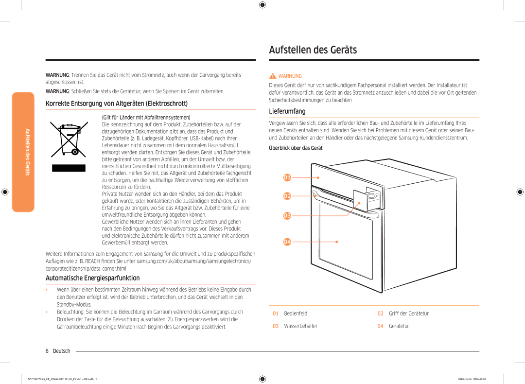 Samsung NV73J9770RS/EF manual Aufstellen des Geräts, Korrekte Entsorgung von Altgeräten Elektroschrott, Lieferumfang 