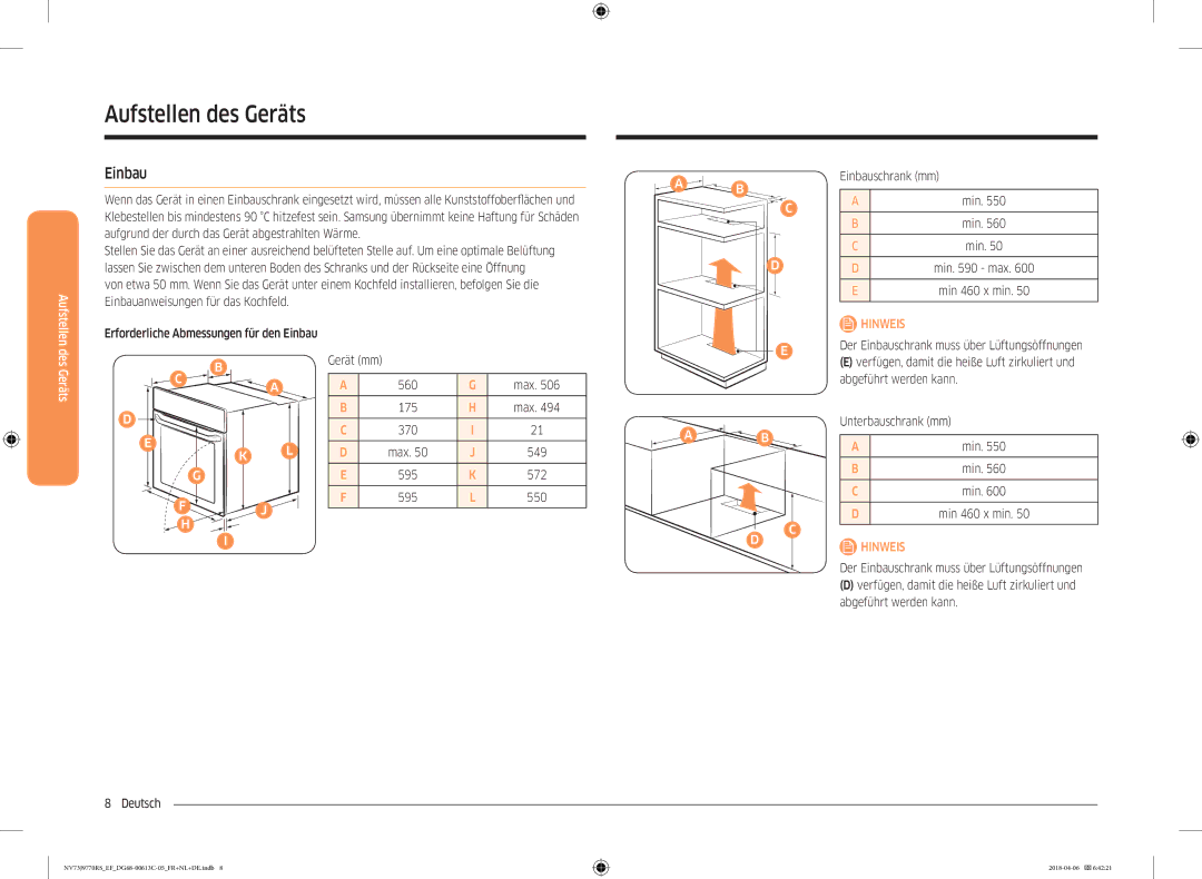 Samsung NV73J9770RS/EF manual Einbau, Gerät mm 