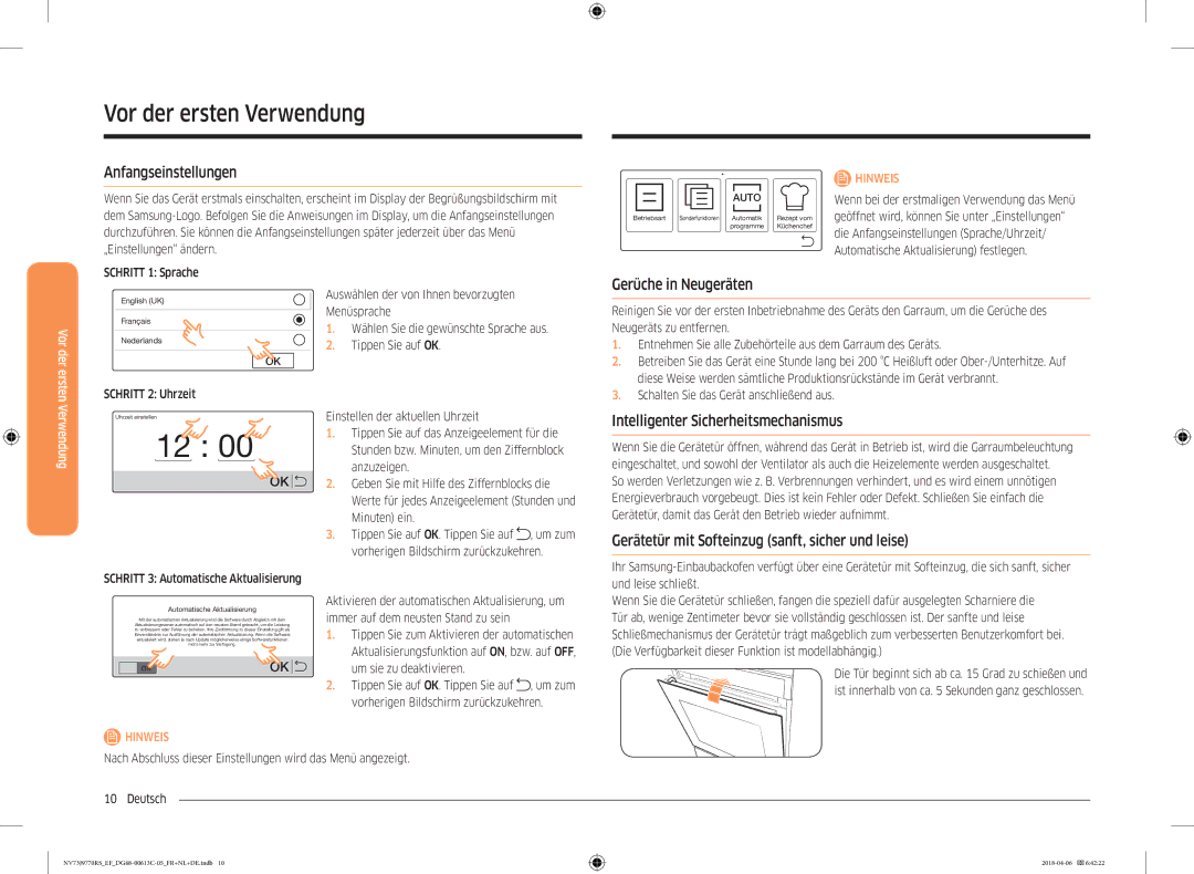 Samsung NV73J9770RS/EF manual Vor der ersten Verwendung, Anfangseinstellungen, Gerüche in Neugeräten 