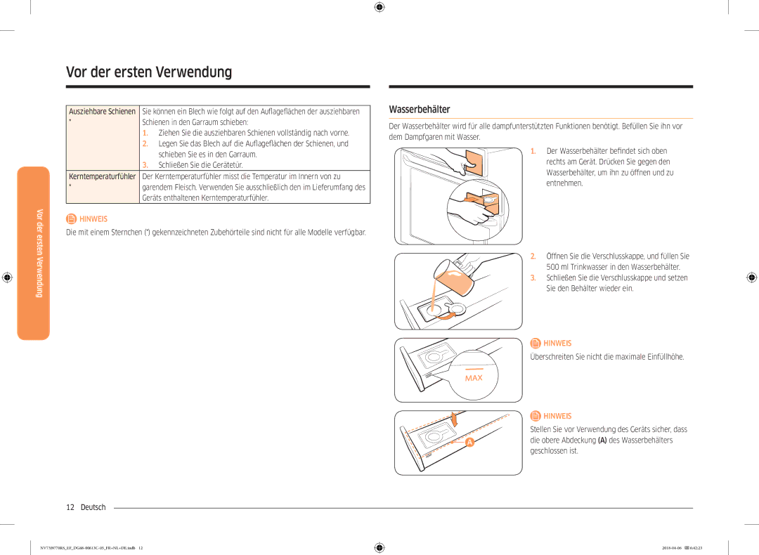 Samsung NV73J9770RS/EF manual Wasserbehälter 