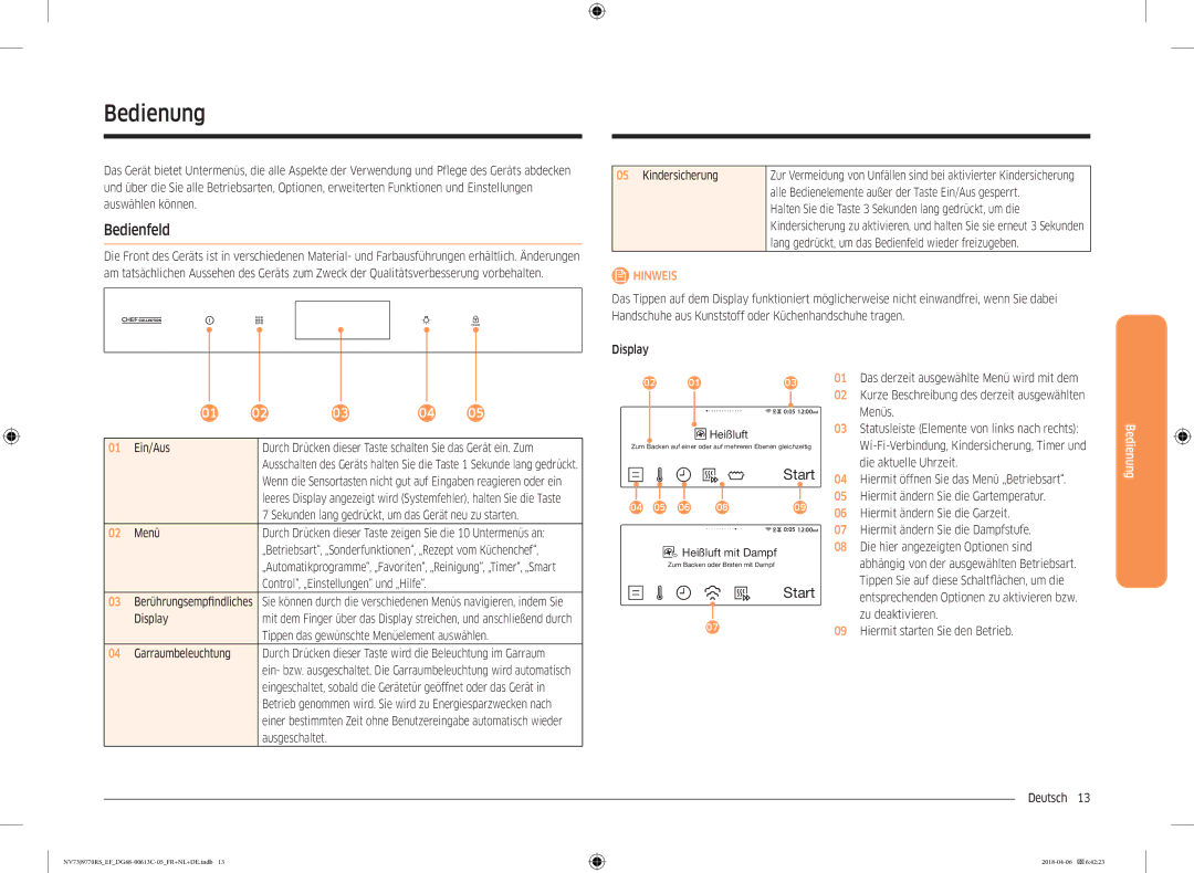 Samsung NV73J9770RS/EF manual Bedienung, Bedienfeld, Start 