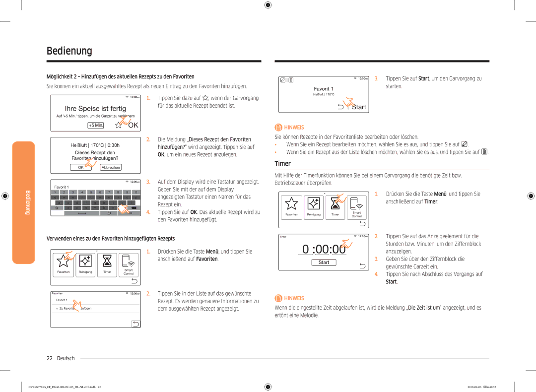 Samsung NV73J9770RS/EF manual Anschließend auf Timer, Verwenden eines zu den Favoriten hinzugefügten Rezepts, Anzuzeigen 