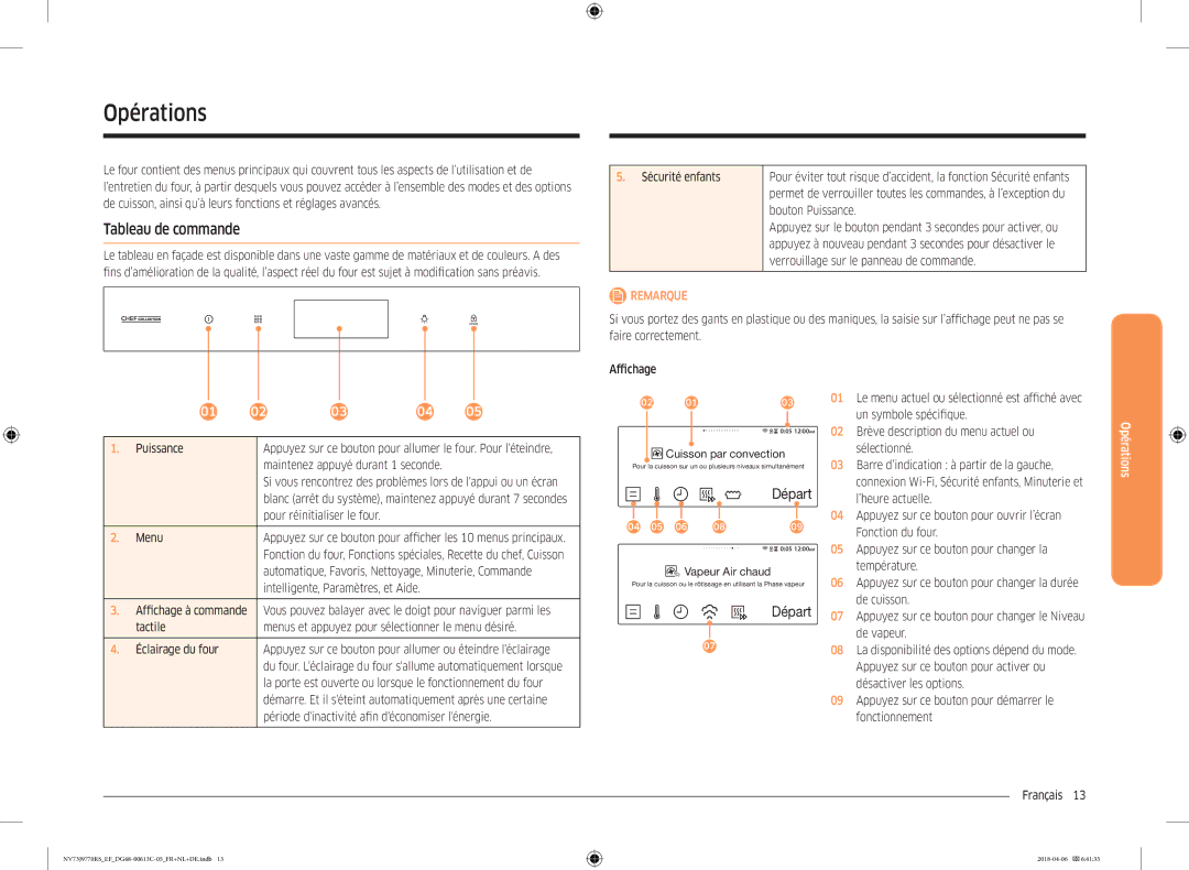 Samsung NV73J9770RS/EF manual Opérations, Tableau de commande, Départ 