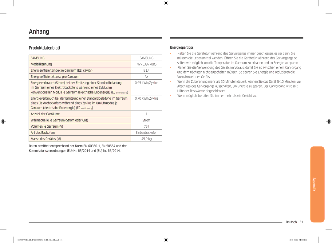 Samsung NV73J9770RS/EF manual Anhang, Produktdatenblatt 