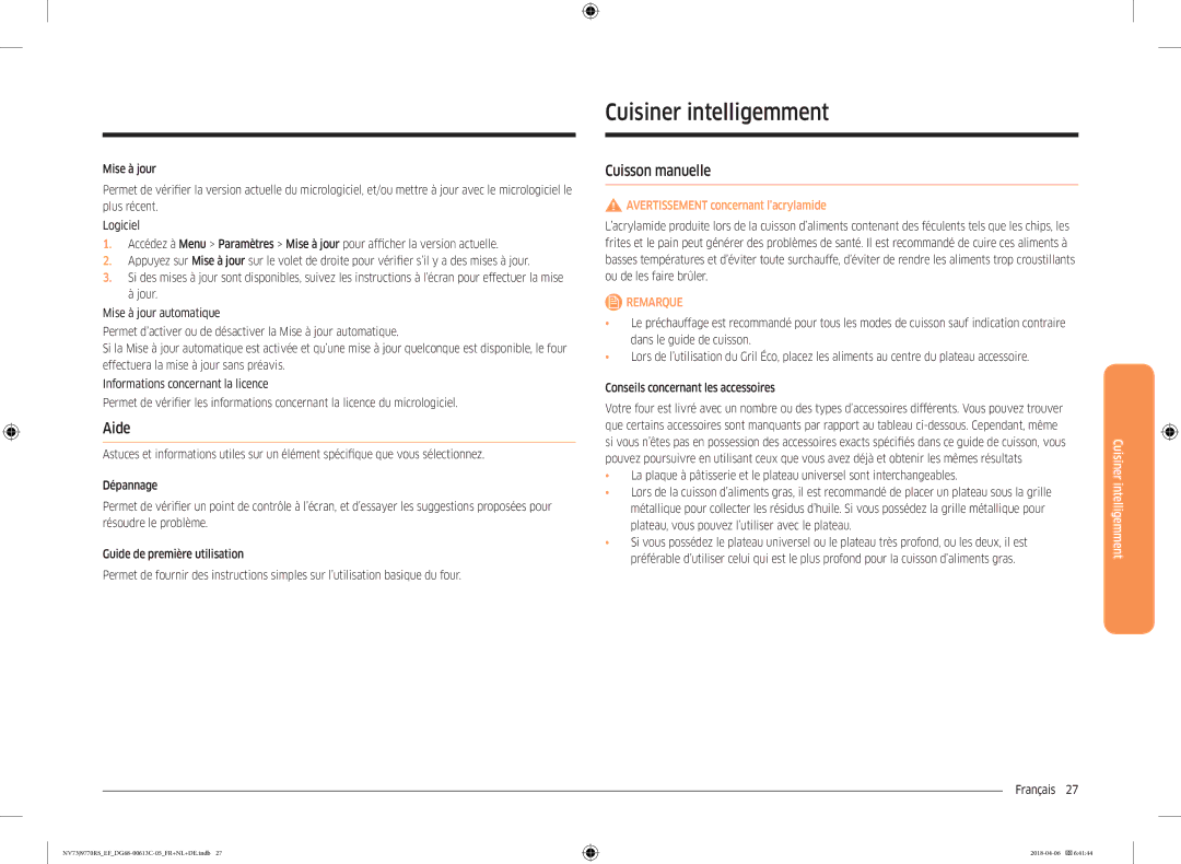 Samsung NV73J9770RS/EF manual Cuisiner intelligemment, Aide, Cuisson manuelle 