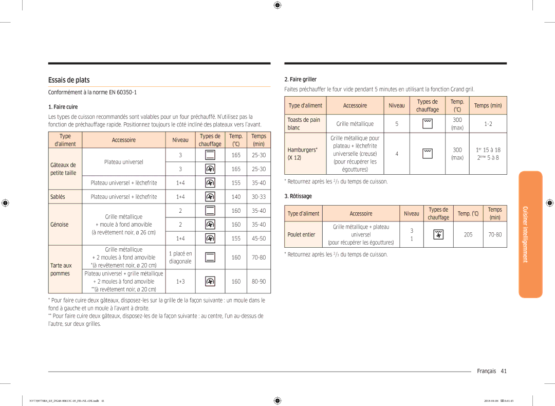 Samsung NV73J9770RS/EF manual Essais de plats 