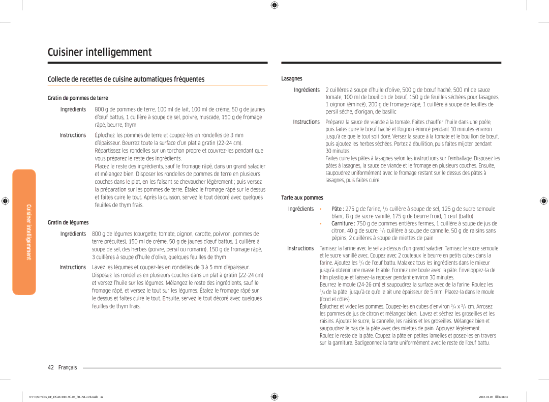 Samsung NV73J9770RS/EF manual Collecte de recettes de cuisine automatiques fréquentes, Tarte aux pommes Ingrédients 