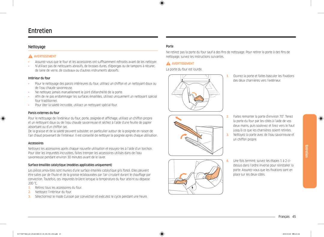 Samsung NV73J9770RS/EF manual Entretien, La porte du four est lourde, Faites remonter la porte d’environ 70. Tenez 