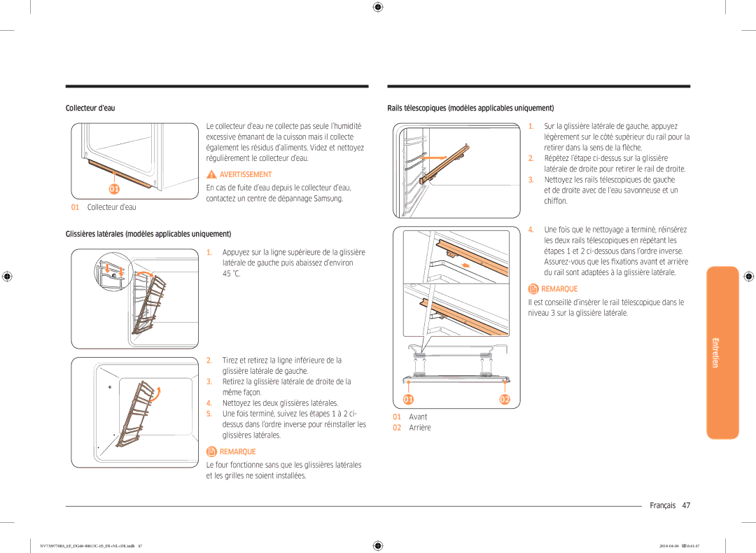 Samsung NV73J9770RS/EF manual Retirer dans la sens de la flèche, Répétez l’étape ci-dessus sur la glissière, Chiffon 