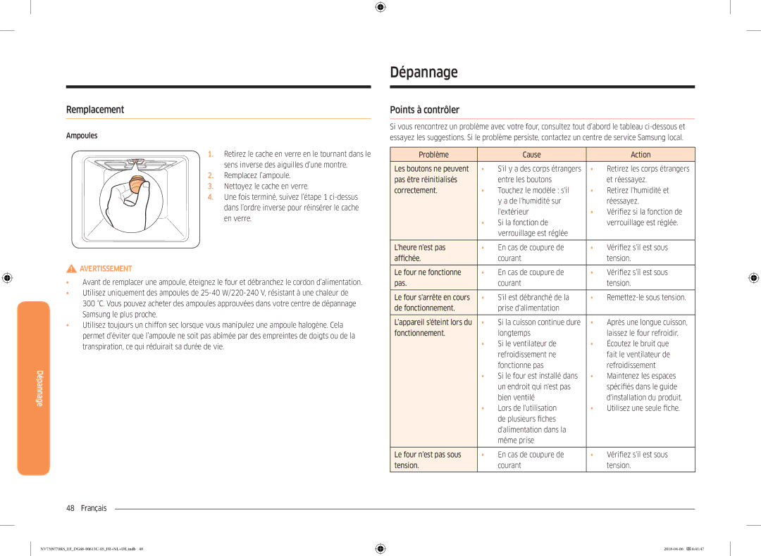 Samsung NV73J9770RS/EF manual Dépannage, Remplacement, Points à contrôler 