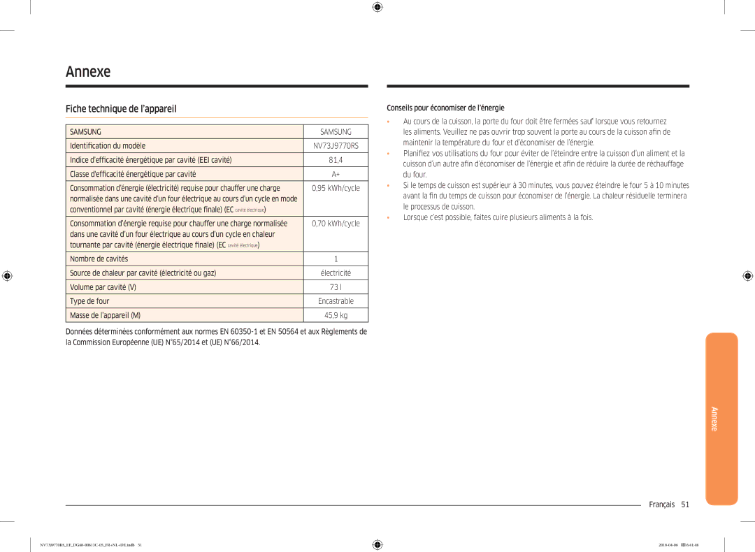 Samsung NV73J9770RS/EF manual Annexe, Fiche technique de l’appareil 