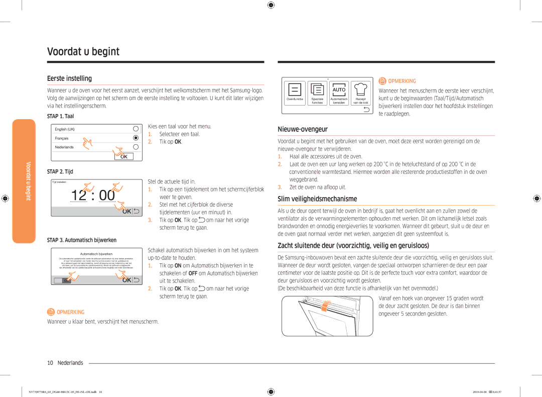 Samsung NV73J9770RS/EF manual Voordat u begint, Eerste instelling, Nieuwe-ovengeur, Slim veiligheidsmechanisme 