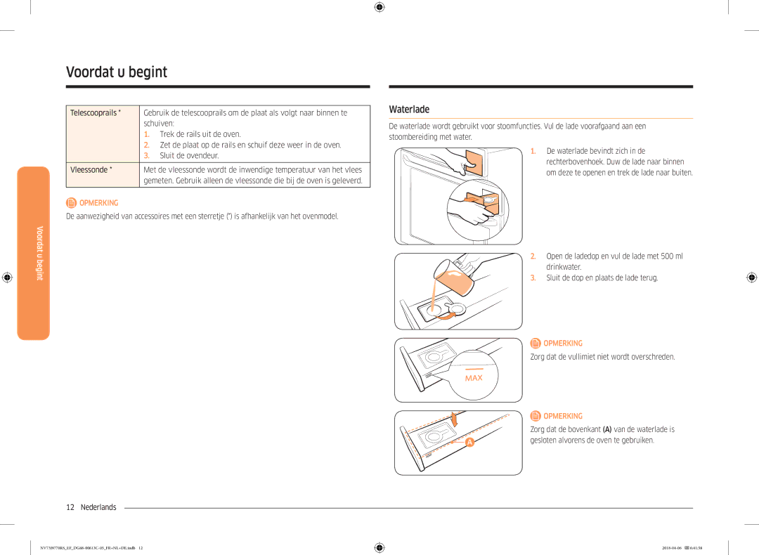 Samsung NV73J9770RS/EF Waterlade, Zorg dat de vullimiet niet wordt overschreden, Gesloten alvorens de oven te gebruiken 