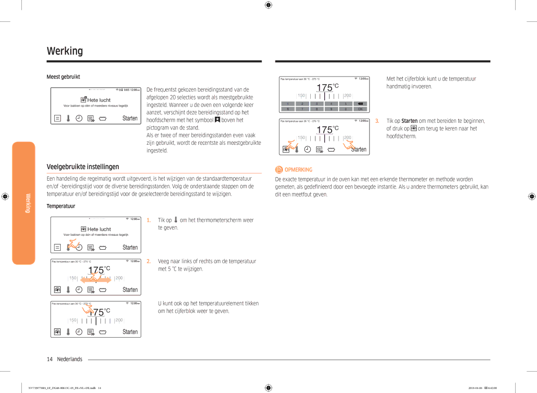 Samsung NV73J9770RS/EF manual Veelgebruikte instellingen 