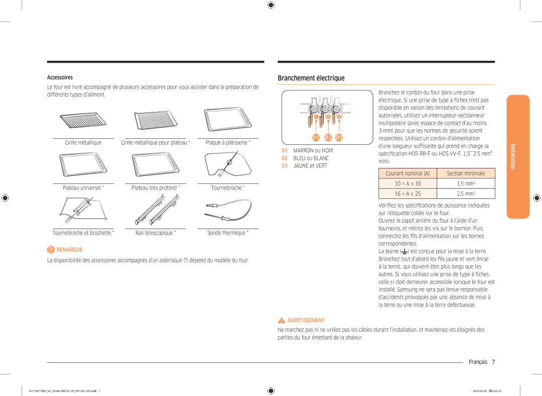 Samsung NV73J9770RS/EF manual Branchement électrique 