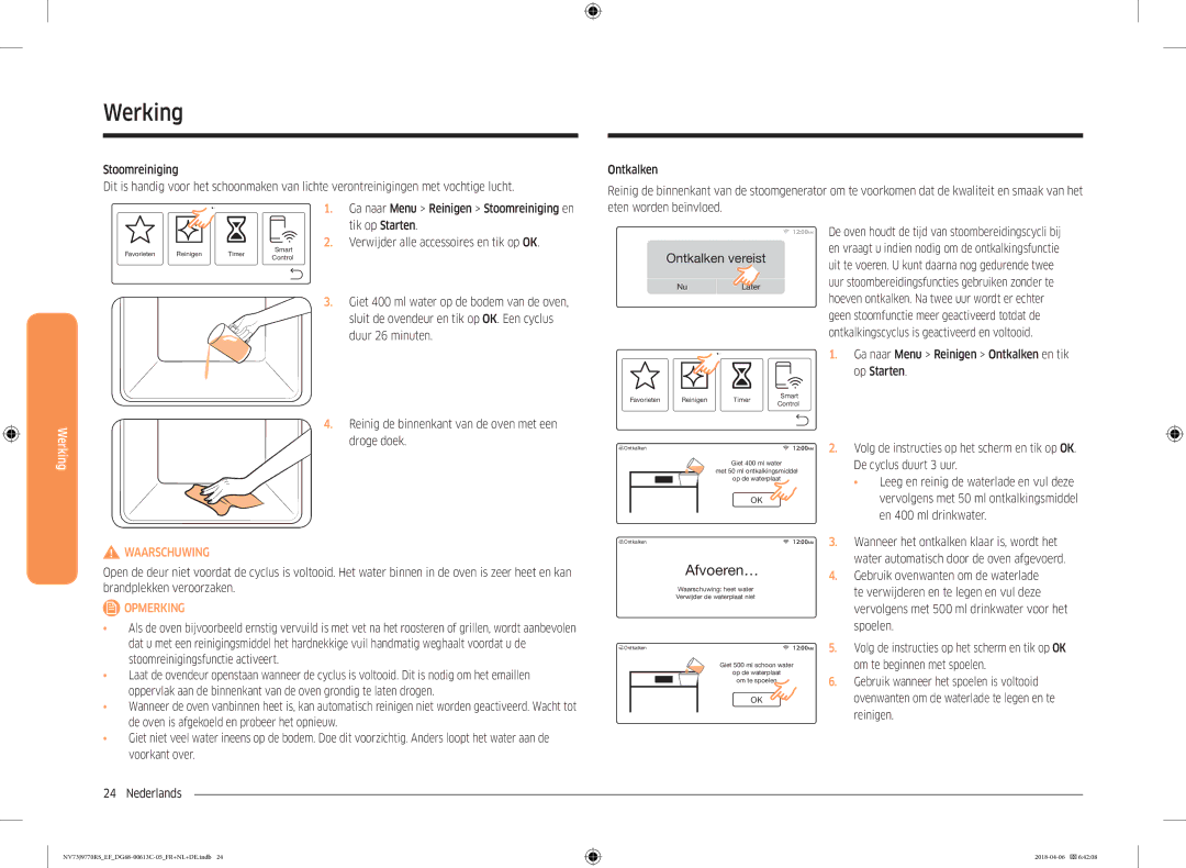 Samsung NV73J9770RS/EF manual Afvoeren…, Ga naar Menu Reinigen Ontkalken en tik Op Starten, De cyclus duurt 3 uur 