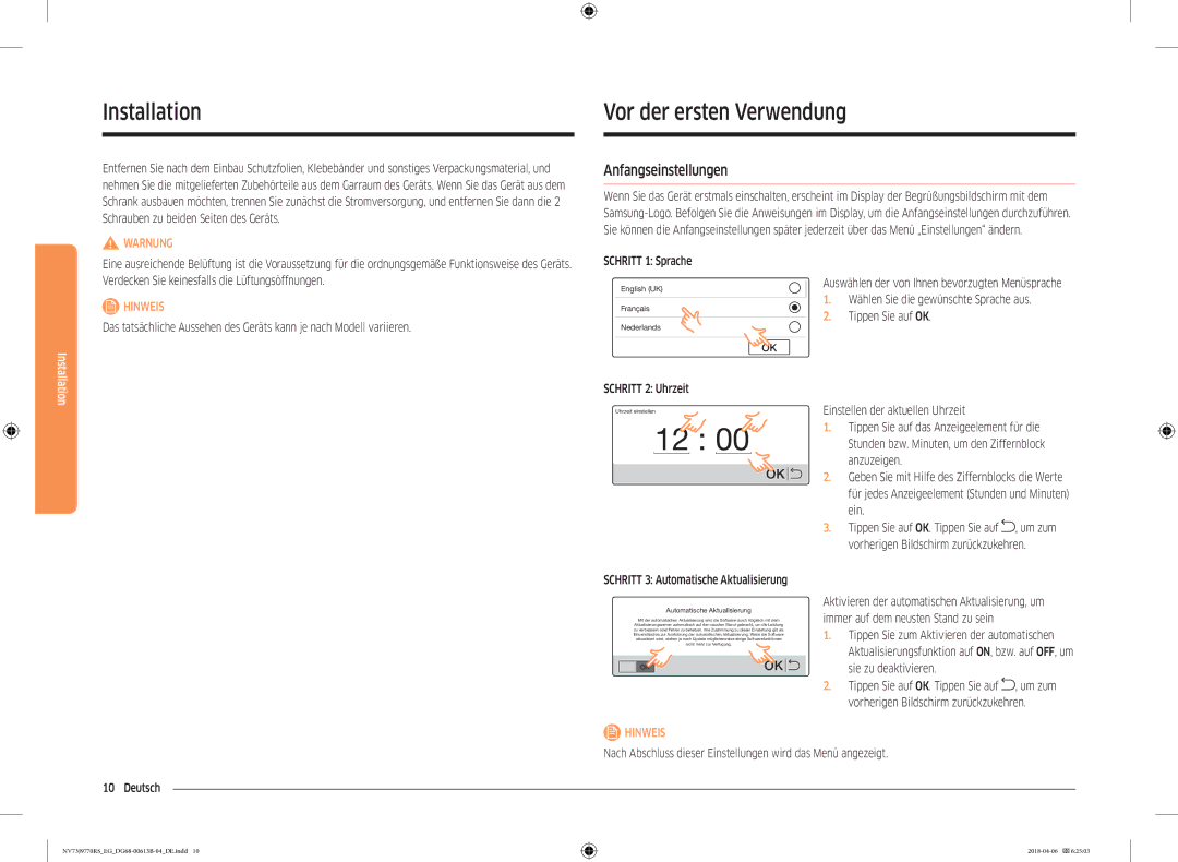 Samsung NV73J9770RS/EG manual Installation Vor der ersten Verwendung, Anfangseinstellungen, Schritt 2 Uhrzeit 