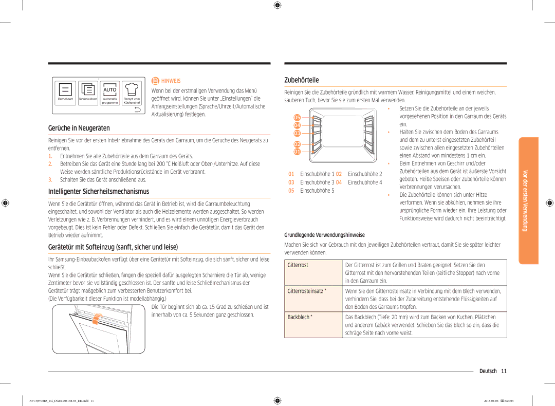 Samsung NV73J9770RS/EG manual Zubehörteile, Gerüche in Neugeräten, Intelligenter Sicherheitsmechanismus 