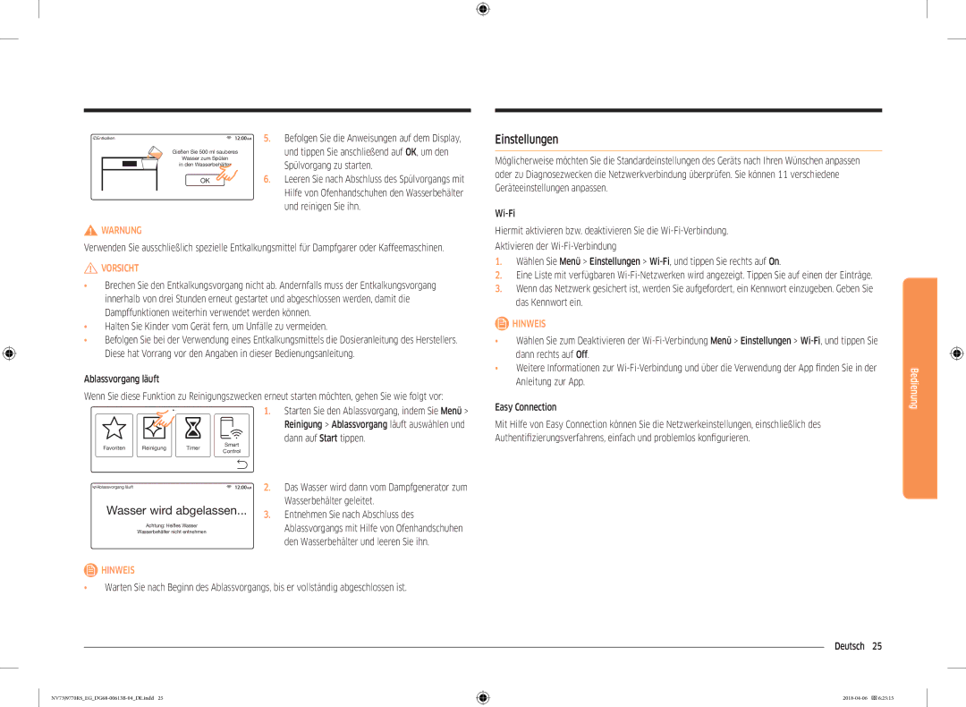 Samsung NV73J9770RS/EG manual Einstellungen, Halten Sie Kinder vom Gerät fern, um Unfälle zu vermeiden, Ablassvorgang läuft 