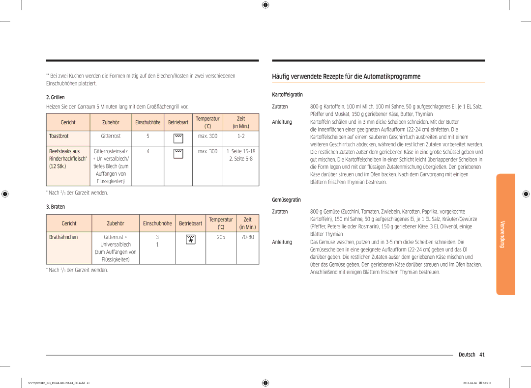 Samsung NV73J9770RS/EG manual Häufig verwendete Rezepte für die Automatikprogramme 