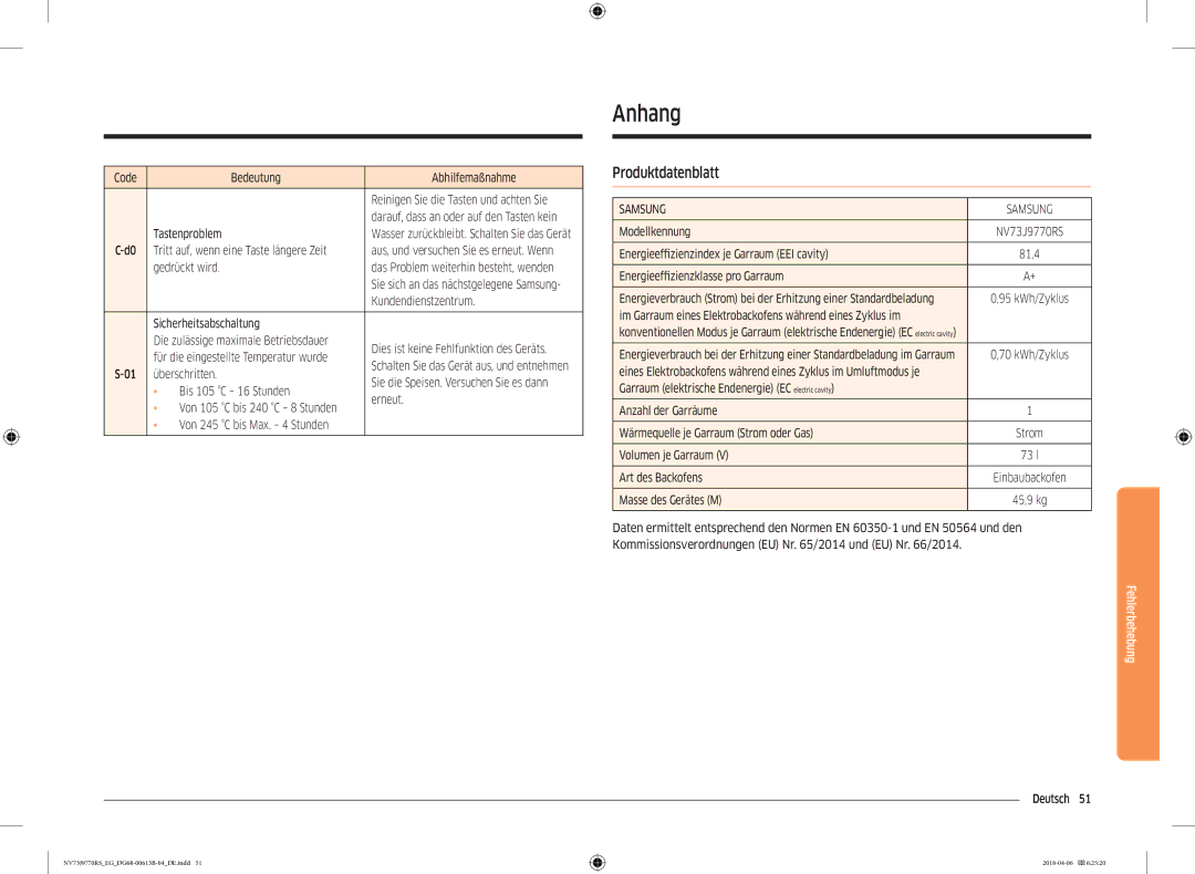 Samsung NV73J9770RS/EG manual Anhang, Produktdatenblatt 