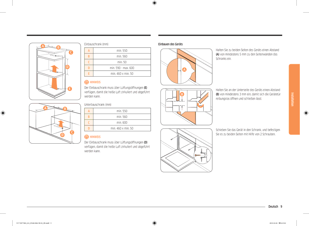 Samsung NV73J9770RS/EG manual Unterbauschrank mm, Min, Von mindestens 3 mm ein, damit sich die Gerätetür 